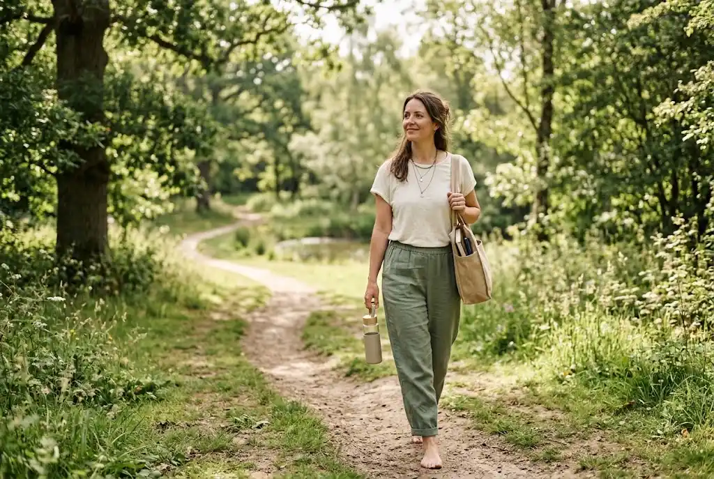 Adult walking in a green park while carrying a water bottle