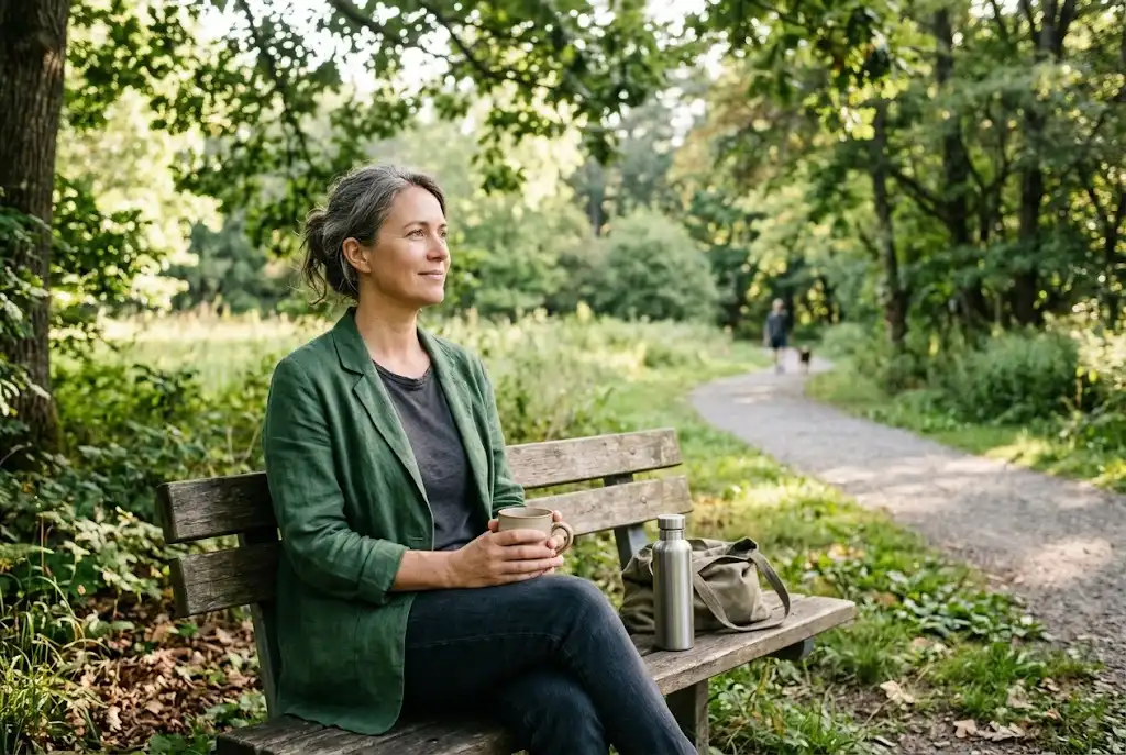 Adult relaxing outdoors in a green park with a water bottle nearby