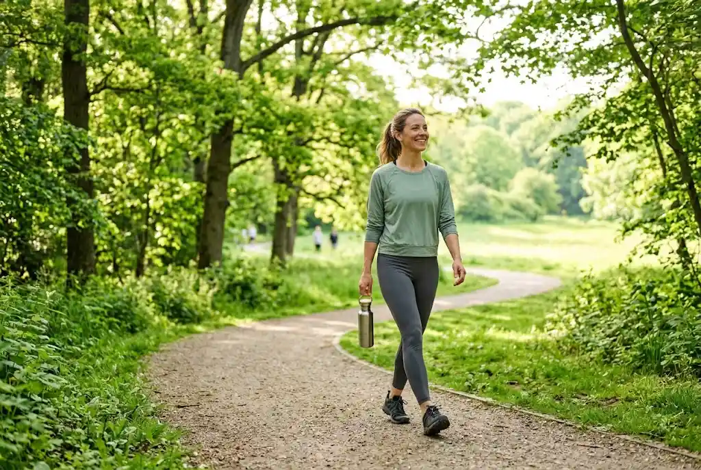 Adult enjoying a morning walk in a green park while carrying a water bottle