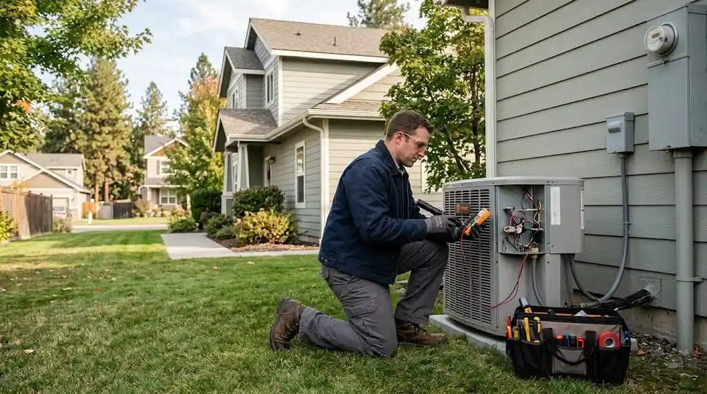 HVAC technician inspecting residential heating and cooling equipment beside a home