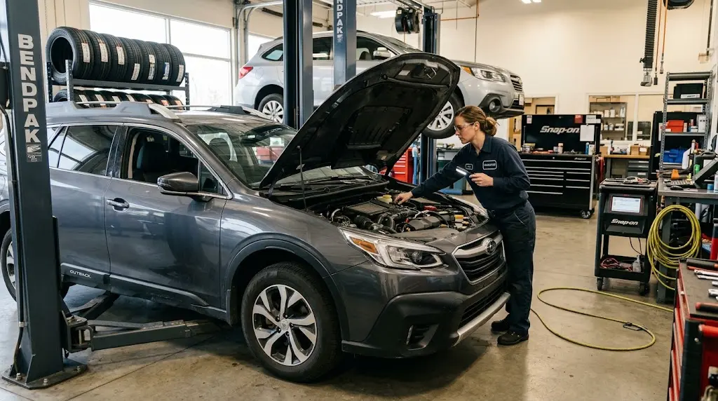 Technician inspecting a passenger car inside a professional auto service workshop