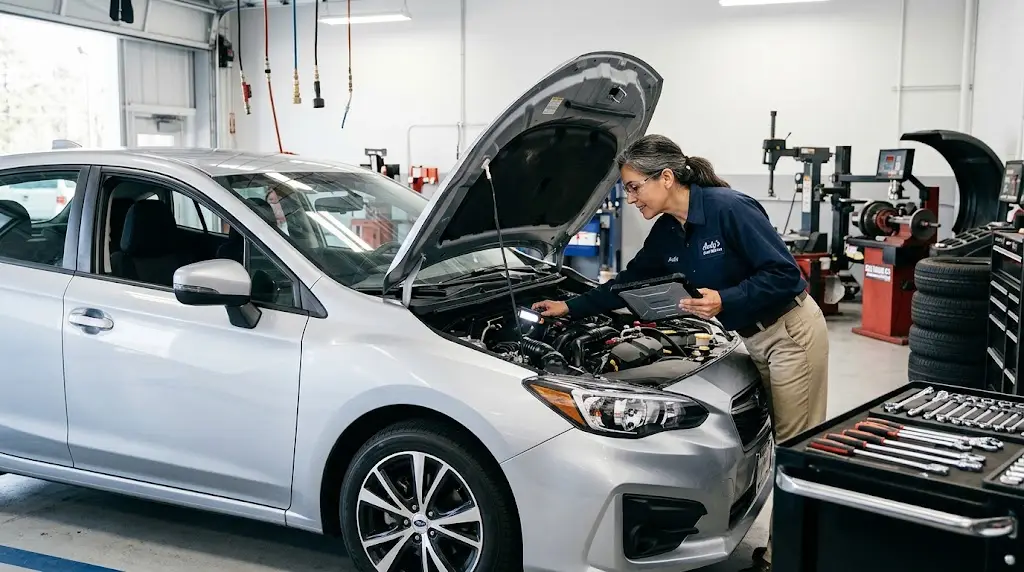 Automotive technician inspecting a modern passenger car in a professional repair garage
