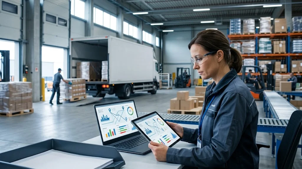 Logistics operator monitoring shipment tracking information beside a delivery truck and warehouse