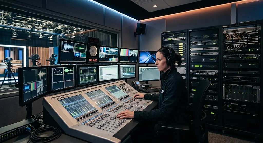 Axel Technology SRL broadcast technology represented by a professional radio and TV control room
