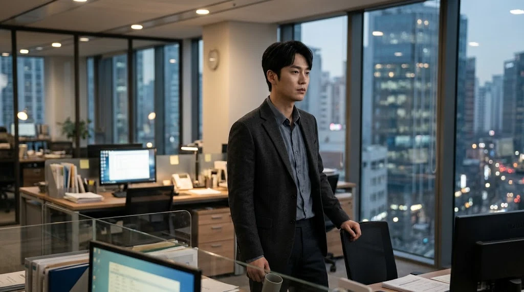 Adult office worker standing in a modern Korean workplace with a tense expression