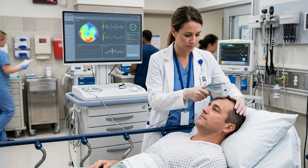Clinician using a portable neurological scanning device during a medical assessment