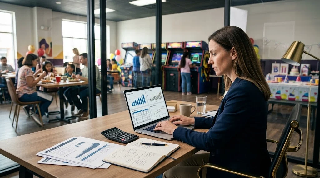 Financial analyst reviewing business charts and reports with a family entertainment center in the background.