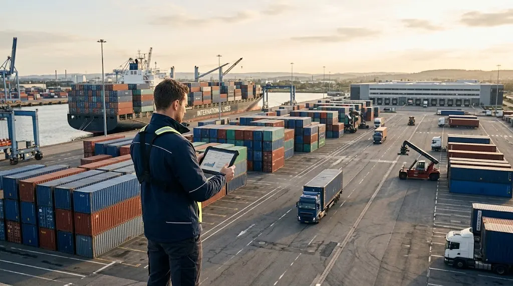 International cargo port with shipping containers, freight trucks, and logistics professional