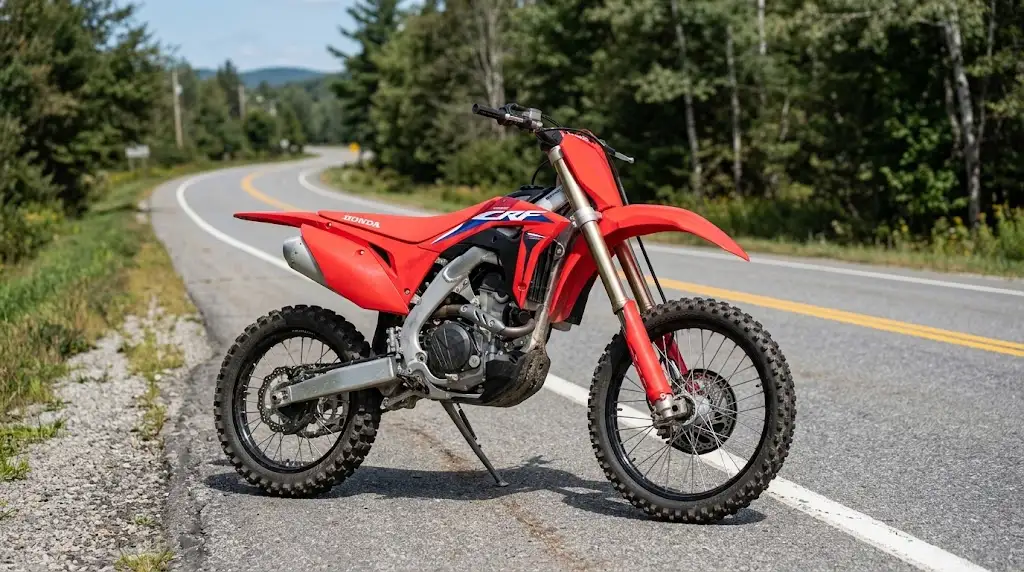 Red Honda CRF450R-style motocross motorcycle positioned on a paved road with road-ready equipment