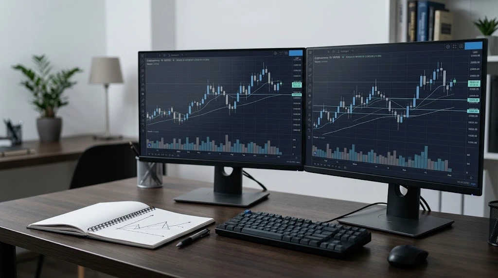 Desktop monitors displaying cryptocurrency candlestick charts beside a trading notebook and keyboard.