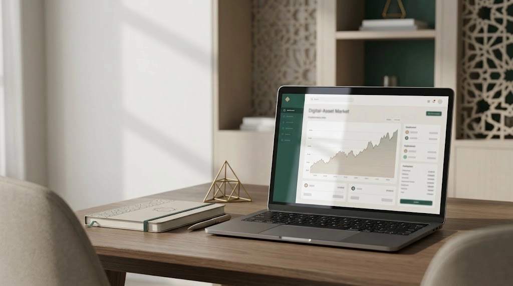 Laptop displaying a digital-asset market dashboard on a research desk with subtle Islamic geometric decoration.