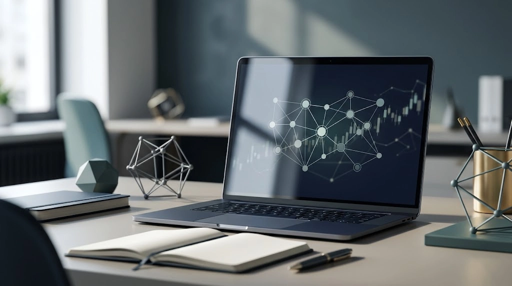 Laptop displaying an abstract blockchain visualization beside an open notebook on a modern desk.