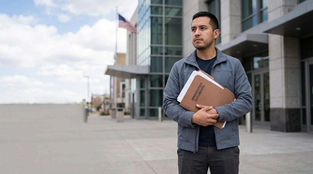 Young immigrant holding immigration documents outside a U.S. government building