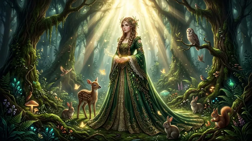 Fantasy maiden surrounded by woodland animals beneath rays of light representing the Divine Beauty PoE card