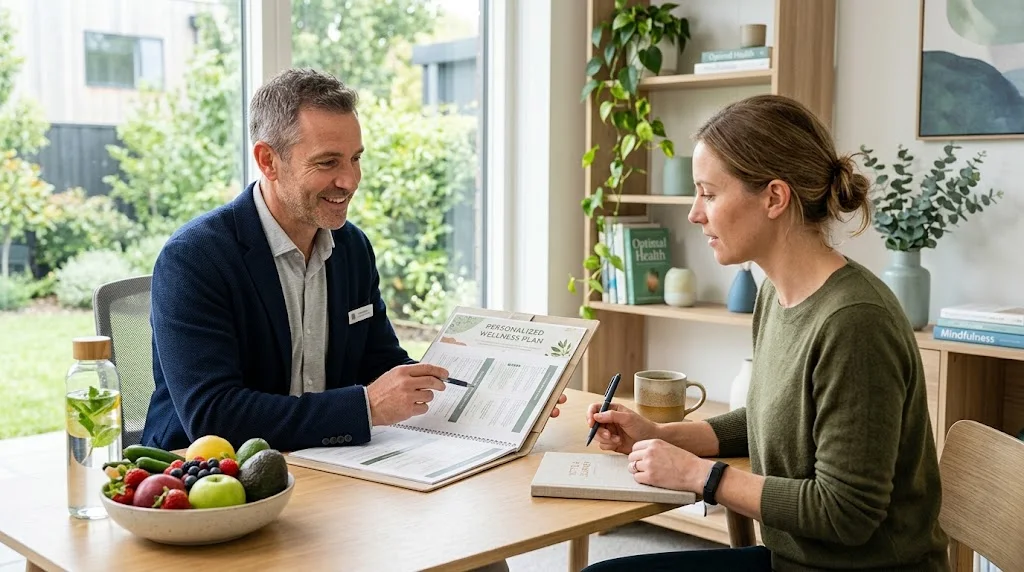 Health practitioner discussing a personalized wellness plan with a client in a modern wellness setting