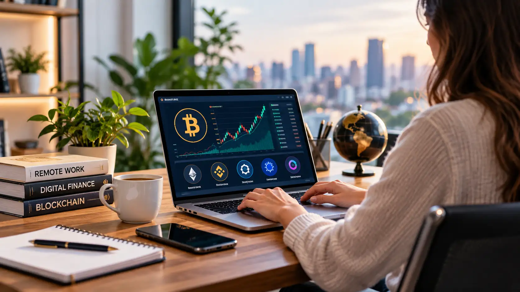 Remote professional working on a laptop with Bitcoin symbols and cryptocurrency market charts in a home office.