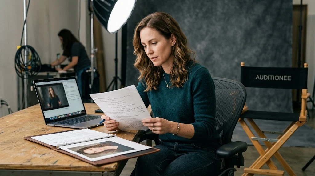 Actor reviewing an audition script and headshot portfolio in a professional casting studio.