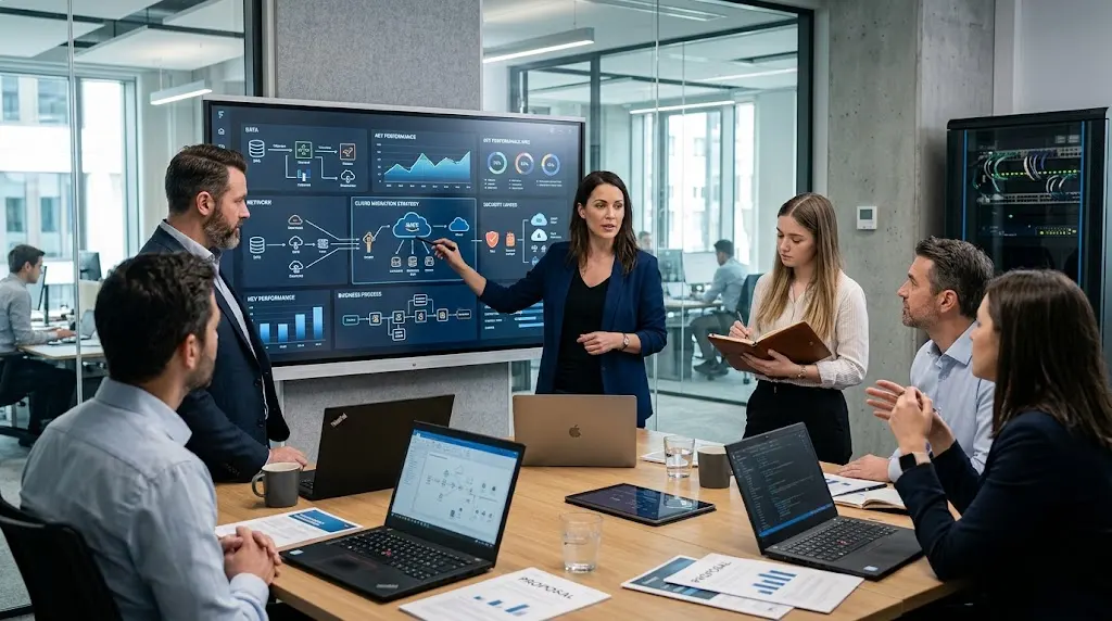IT consultants discussing enterprise technology solutions in a modern corporate office