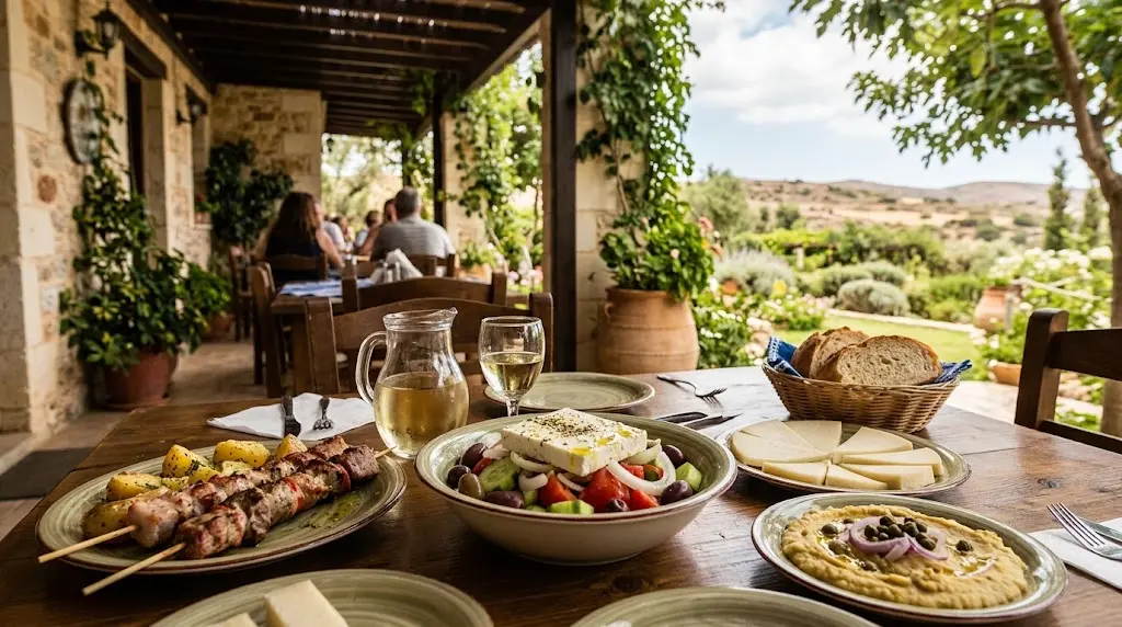 Traditional Cretan meal served at a rustic restaurant in Kaliviani, Crete
