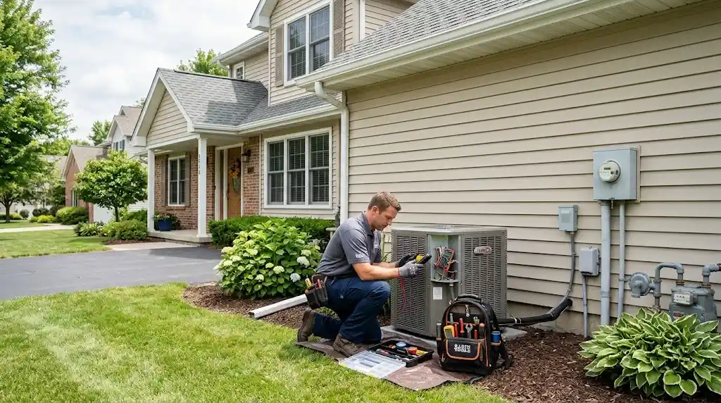 Home services technician inspecting a well-maintained residential property