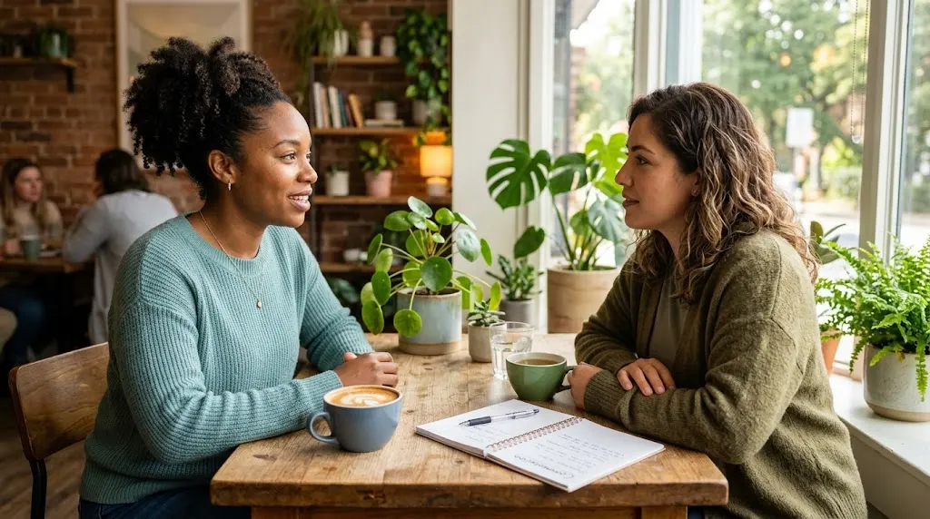 Two adult friends having a thoughtful conversation in a bright café, demonstrating active listening and mutual respect.