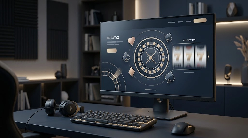 Desktop monitor displaying a fictional casino-style gaming interface in a modern, dimly lit room.