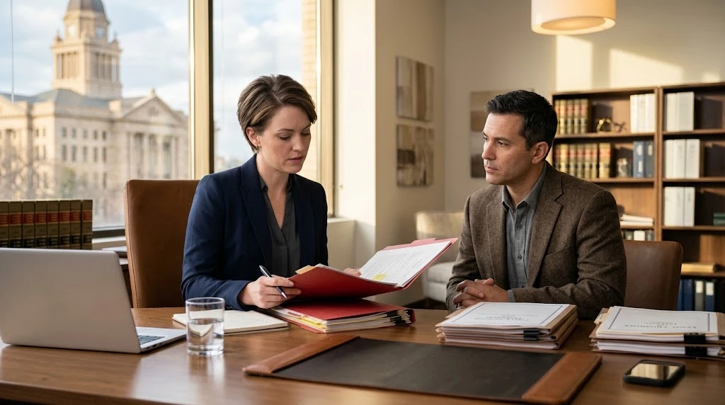 Criminal defense attorney reviewing a case file with a client in a law office