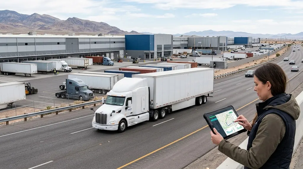 Freight truck traveling near a modern distribution facility as part of a technology-enabled supply chain