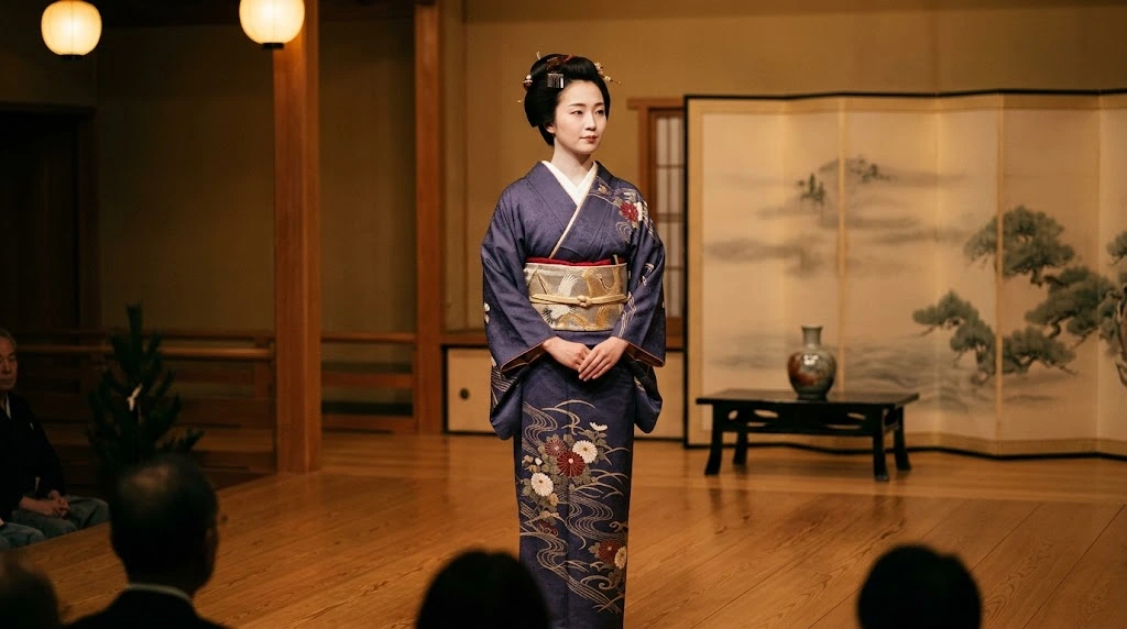Japanese performer wearing an elegant patterned kimono and obi on a softly illuminated theater stage.