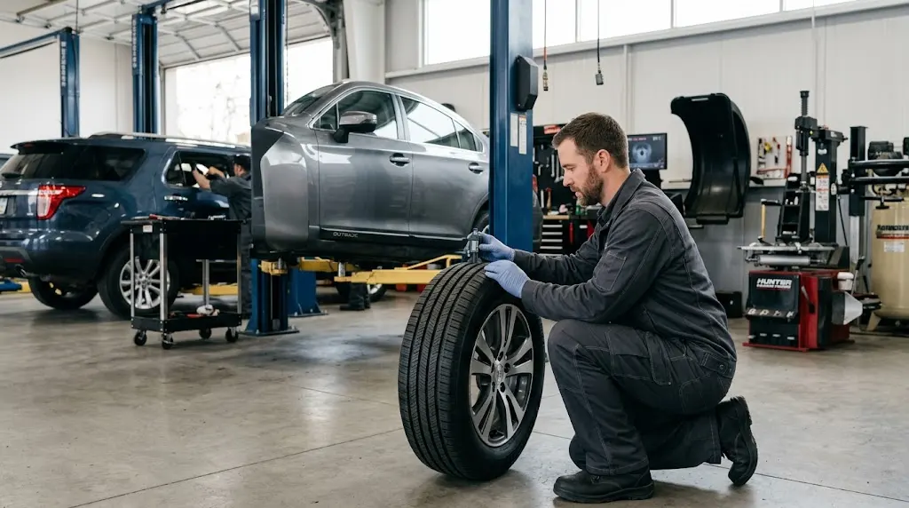 Automotive technician checking tire tread on a passenger vehicle inside a professional tire service garage