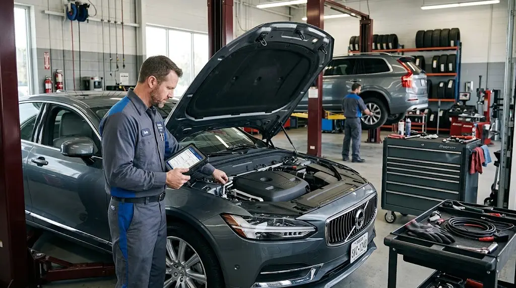 Automotive technician inspecting a passenger vehicle inside a professional service garage
