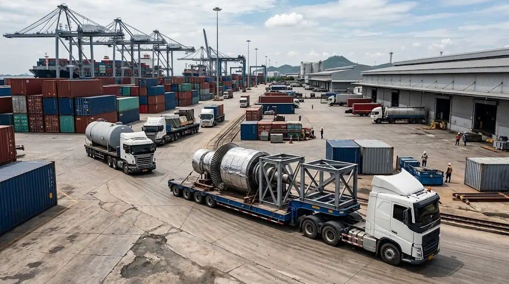 Heavy cargo transportation and container handling at a modern logistics facility.