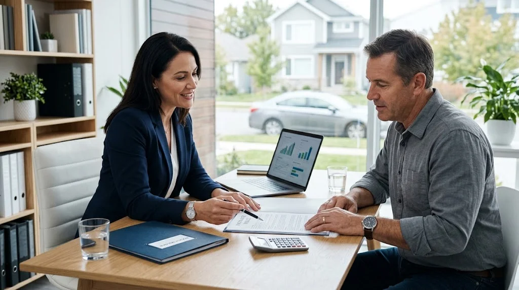 Consumer reviewing insurance policy details with an insurance adviser