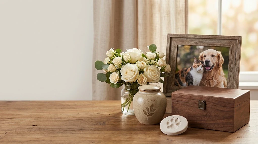 Pet burial box and personalized pet memorial urn with keepsakes