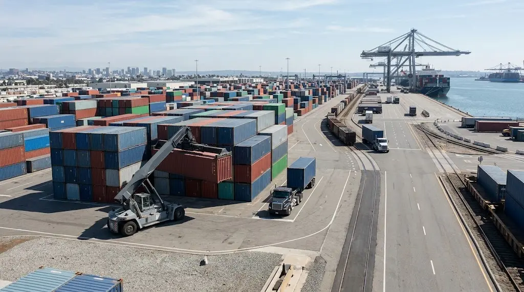 Intermodal logistics terminal with shipping containers and cargo-handling equipment representing integrated supply chain operations.