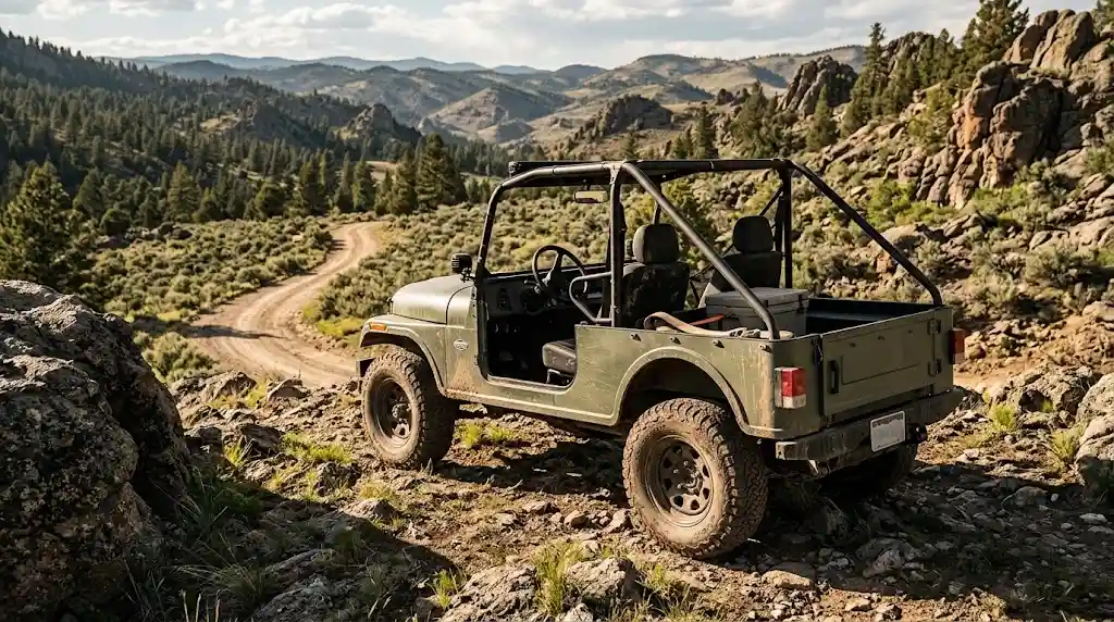 Mahindra ROXOR-style off-road utility vehicle on a rugged trail