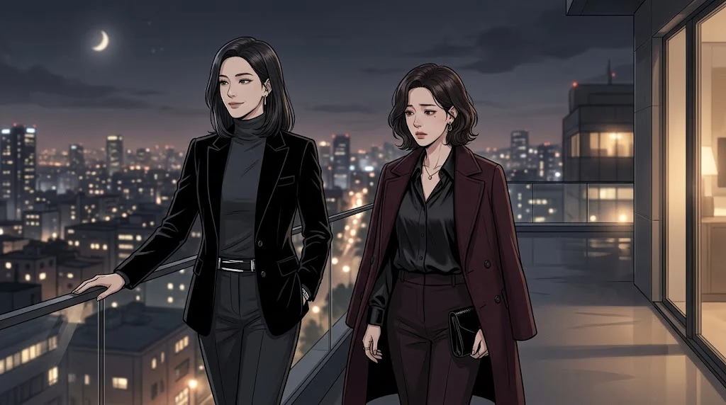 Two adult fictional women in dark contemporary fashion representing the dramatic GL themes of Sadistic Beauty manhwa