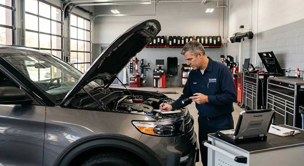 Automotive technician inspecting a modern car inside a professional repair garage