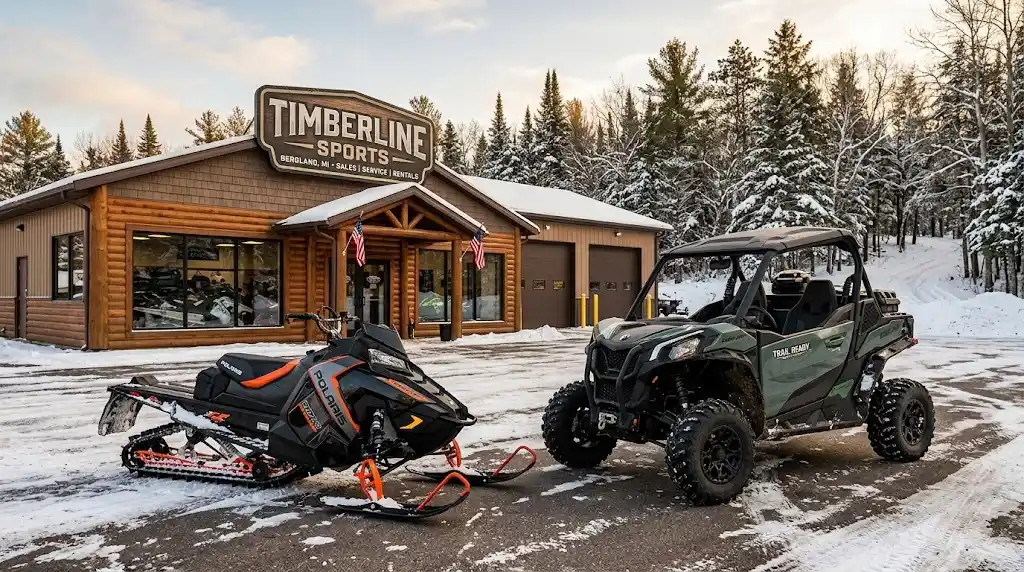 Timberline Sports Bergland MI powersports vehicles near a wooded Michigan landscape