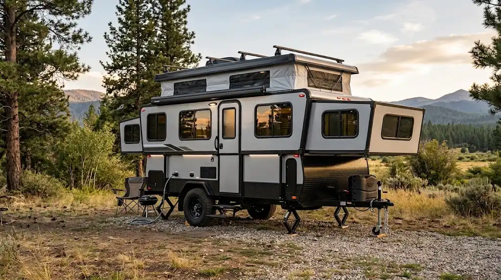 TrailManor 2720 Sport expandable travel trailer set up at a scenic campsite