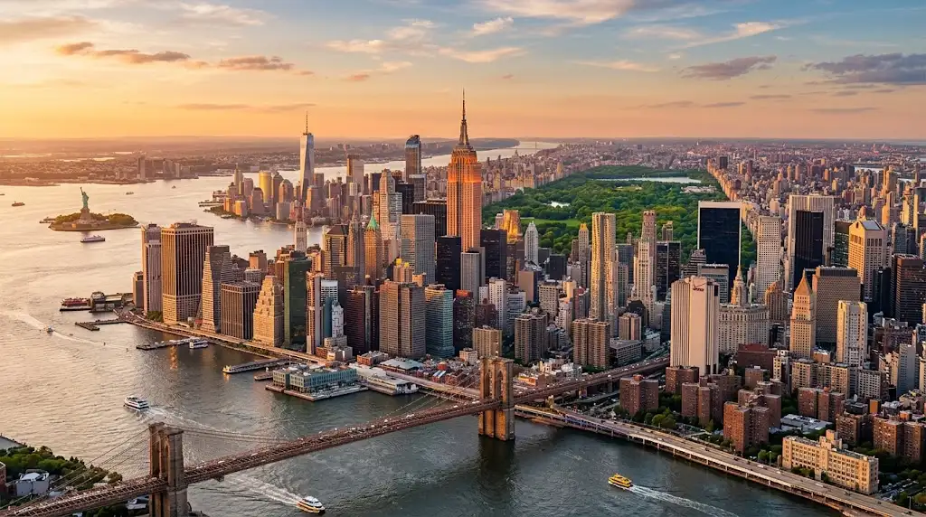 Manhattan skyline with Empire State Building, Brooklyn Bridge and Statue of Liberty